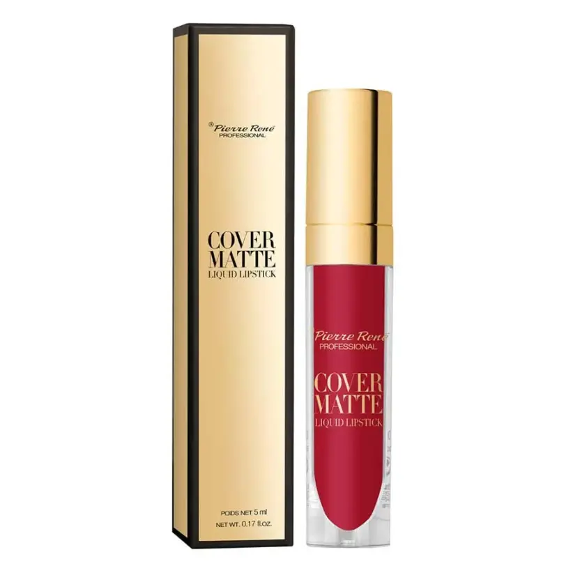labial líquido Pierre René Cover Matte 01 True Red con caja dorada
