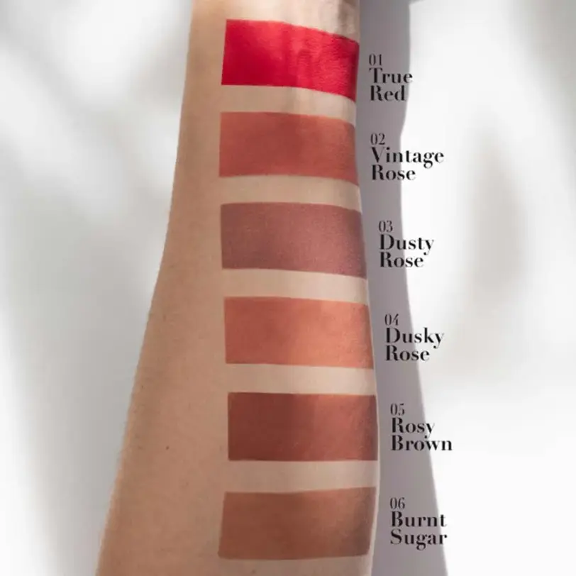 swatches de tonos Pierre René Cover Matte Liquid Lipstick del 01 al 06 sobre piel