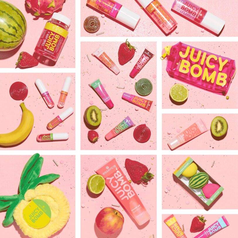 Gloss Juicy Bomb Party de essence rodeado de frutas y colores vibrantes