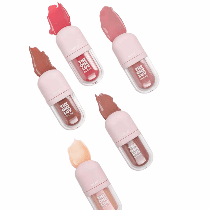 Brillos MIYO The One Luv Gloss en diferentes tonos, diseño rosa y fórmula vegana.