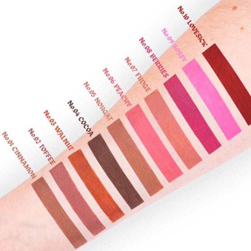 Swatches de los tonos de lápices Miyo Lip Contour Scriber en brazo