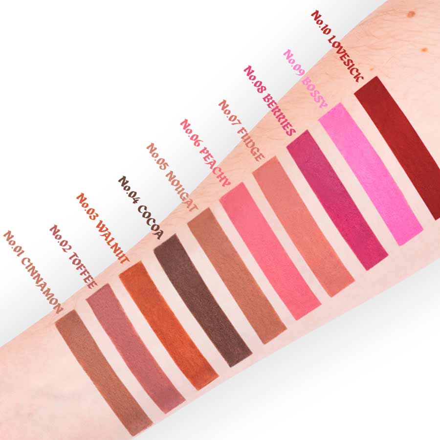 Swatches de los tonos del lápiz de labios Miyo Lip Contour Scriber Swatches de los tonos de lápices Miyo Lip Contour Scriber en brazo