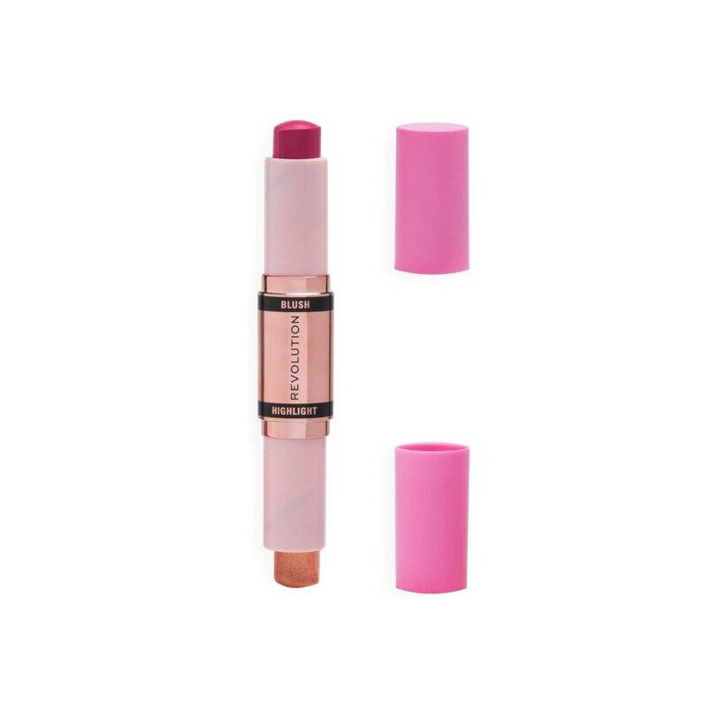 Stick de colorete rosa y barra de iluminador dorado Golden Shine abiertos