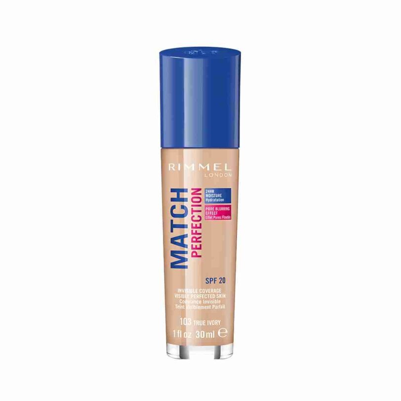 base de maquillaje Rimmel Match Perfection SPF 20 tono 103 True Ivory con hidratación 24 horas