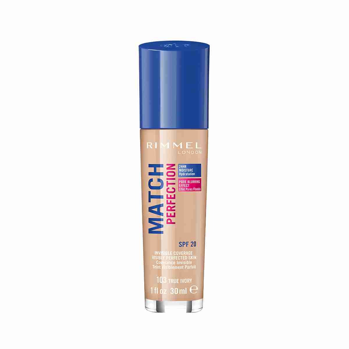 base de maquillaje Rimmel Match Perfection SPF 20 tono 103 True Ivory con hidratación 24 horas