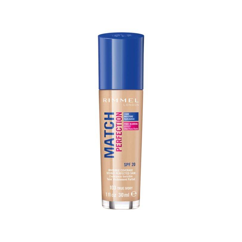 Base Rimmel Match Perfection tono 103 True Ivory con SPF 20