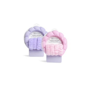 Diadema y muñequeras skincare IDC Institute en tonos lila y rosa