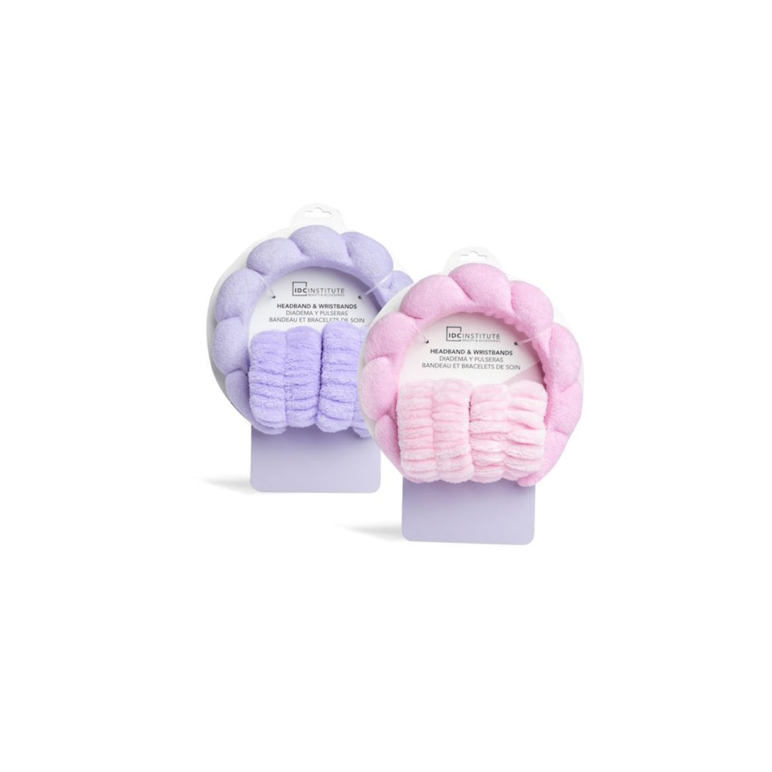 IDC Institute Diadema y Muñequeras Skincare Diadema y muñequeras skincare IDC Institute en tonos lila y rosa