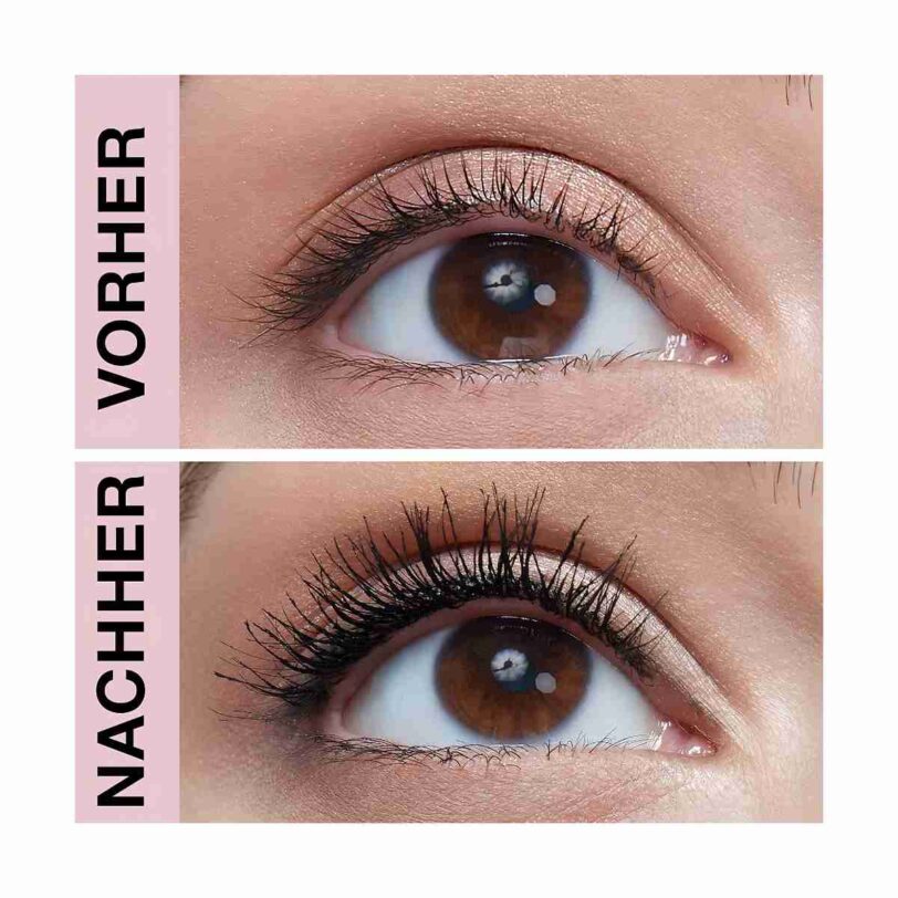Comparativa antes y después de aplicar la máscara de pestañas Maybelline Sky High Waterproof con efecto longitud y definición.