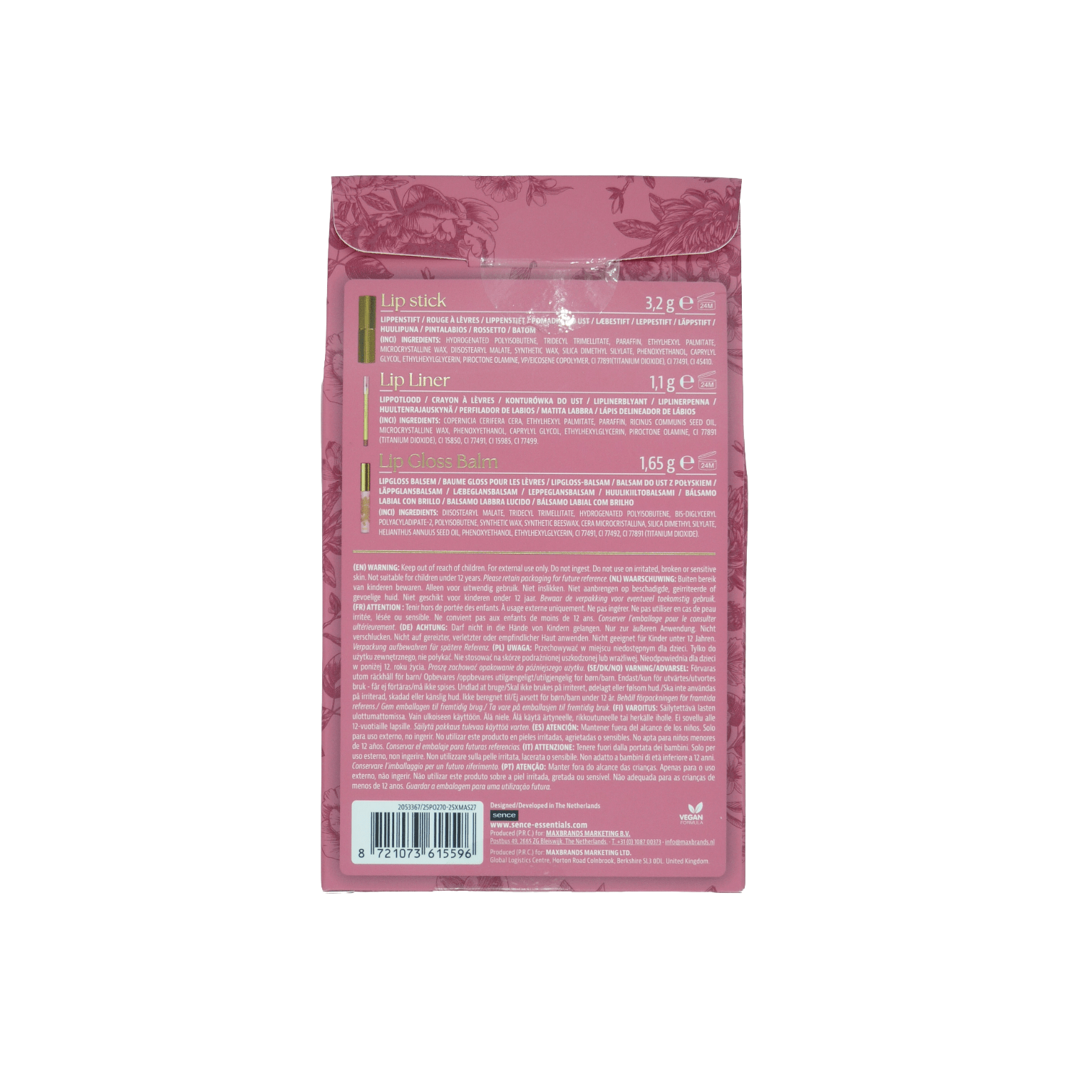 Parte trasera del Sense Secret Kiss Lip Kit con ingredientes y detalles