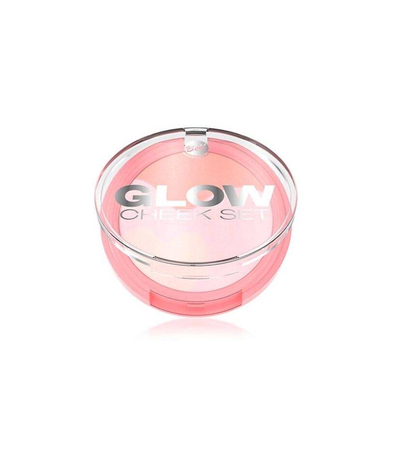 Paleta Glow Cheek Set de Bell Cosmetics con colorete e iluminadores en estuche rosa