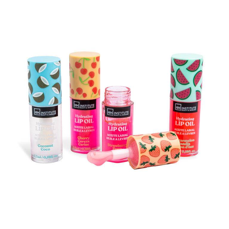 gama de aceites labiales hidratantes IDC Institute con sabores coco fresa cereza y sandía