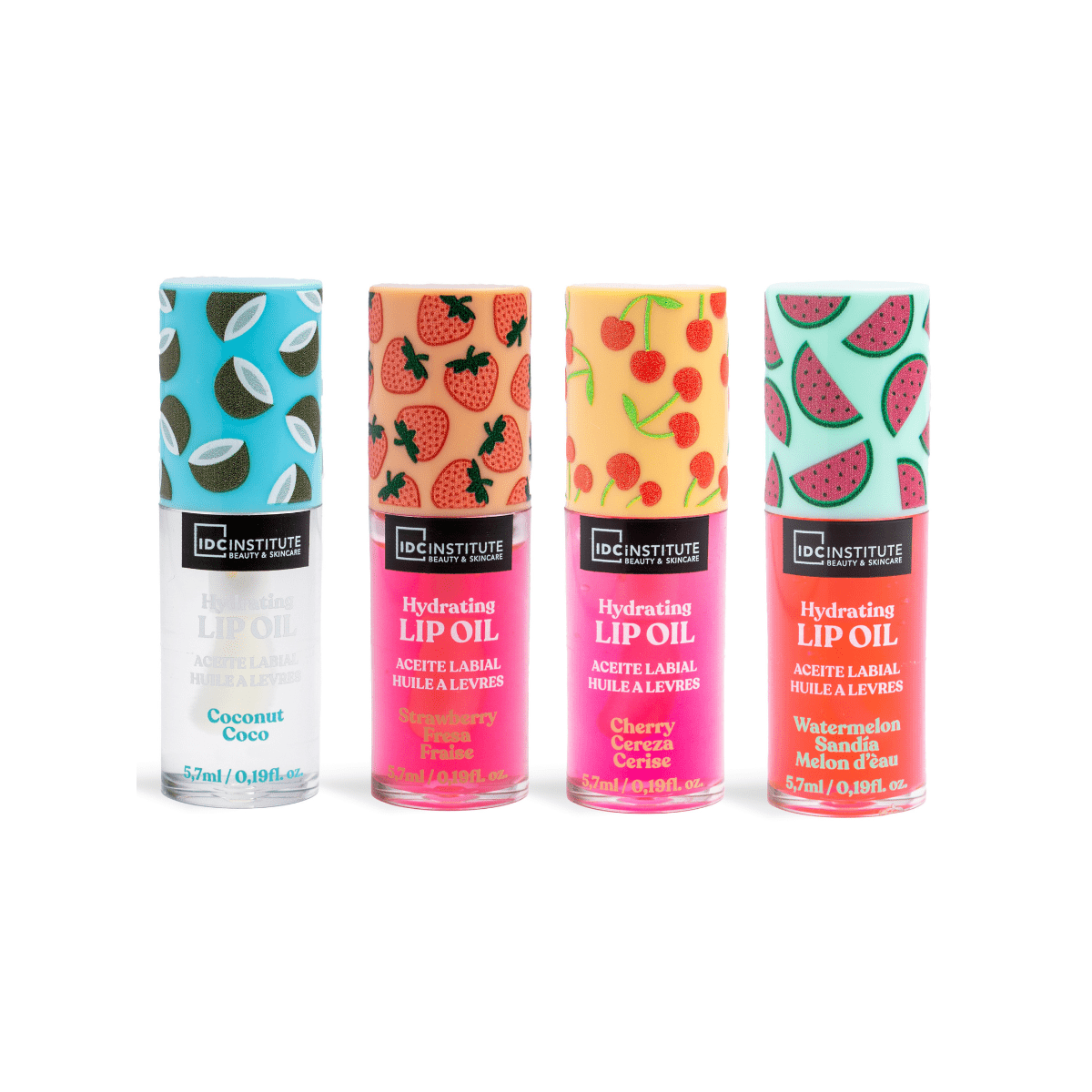 lip oil IDC Institute colección coco fresa cereza sandía aceites labiales hidratantes