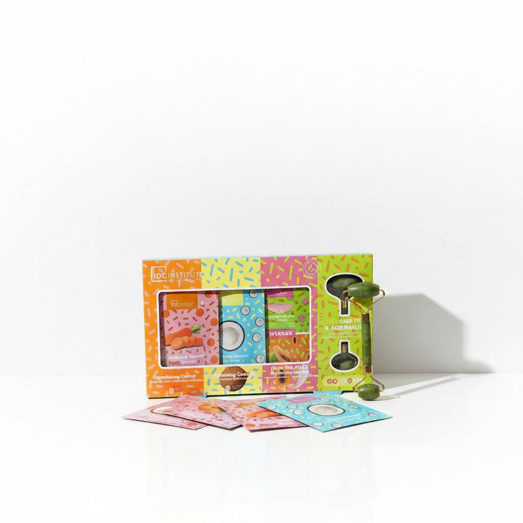 pack IDC Institute con mascarillas faciales veganas y rodillo facial de jade