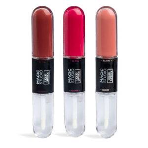 Labial líquido Magic Studio Glossy en tonos Burgundy Crush, Red Attraction y Soft Blossom