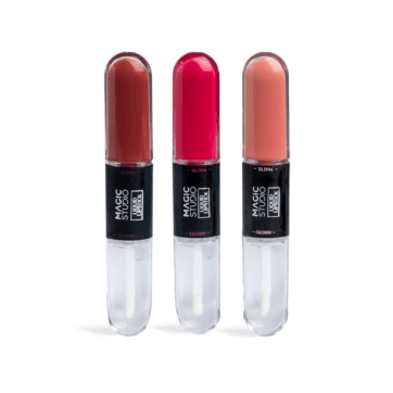 Labial líquido Magic Studio Glossy en tonos Burgundy Crush, Red Attraction y Soft Blossom