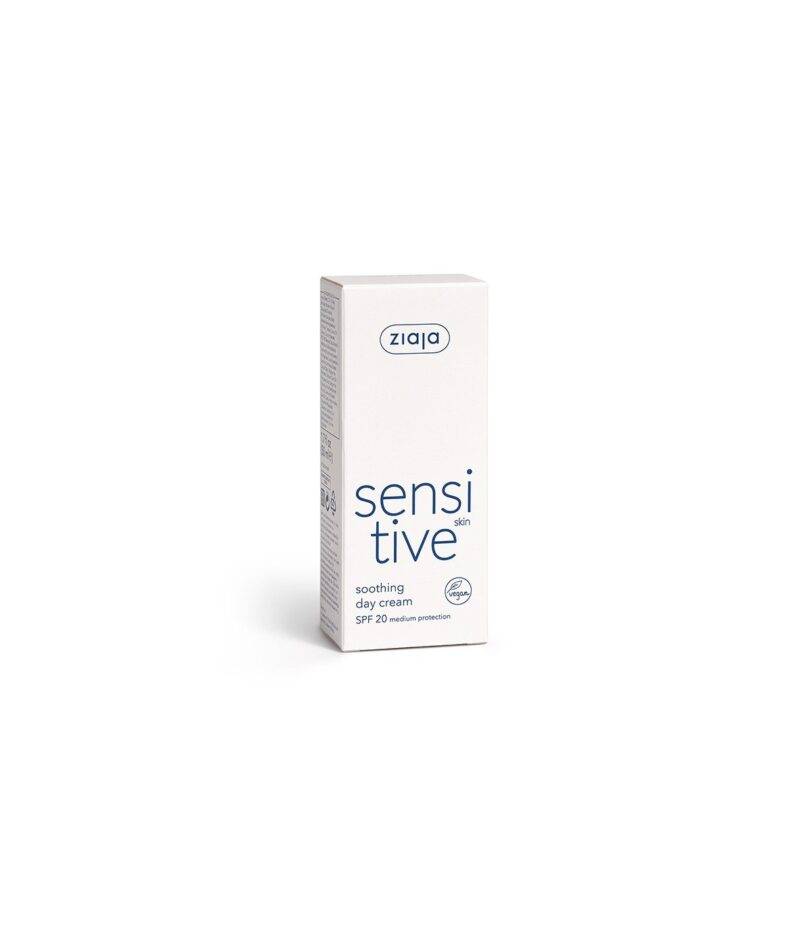 Caja de la crema facial calmante de día Ziaja Sensitive SPF 20 para piel sensible
