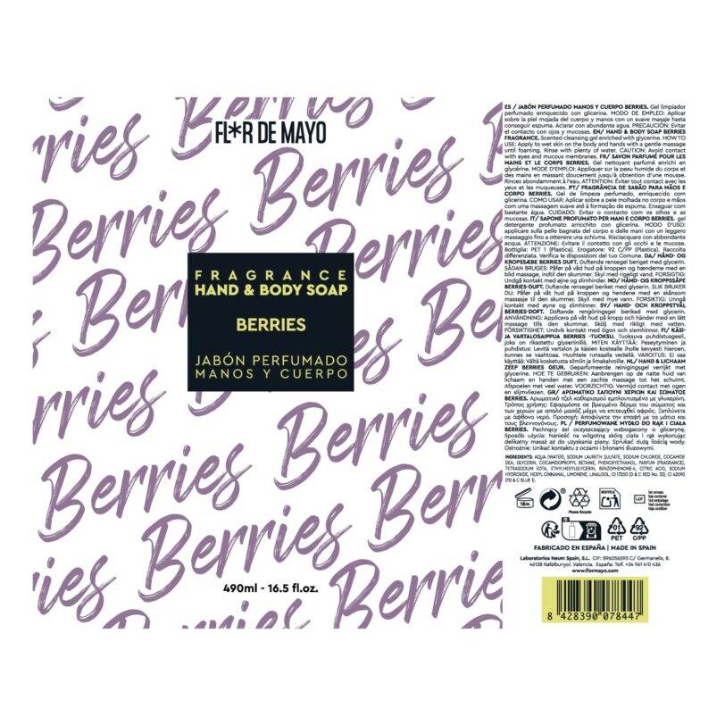 Etiqueta del jabón perfumado manos y cuerpo aroma frutos rojos Flor de Mayo