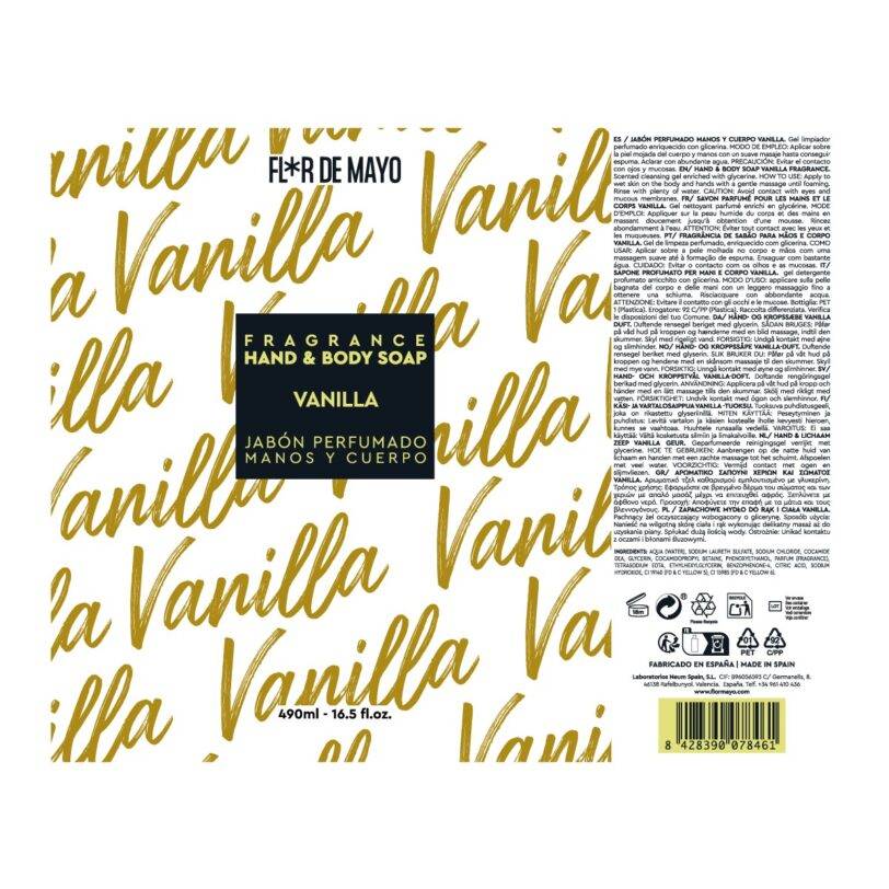Etiqueta del jabón perfumado vainilla Flor de Mayo con información del producto