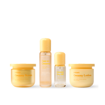 set creamy completo con exfoliante locion aceite seco y perfume corporal para rutina de cuidado corporal