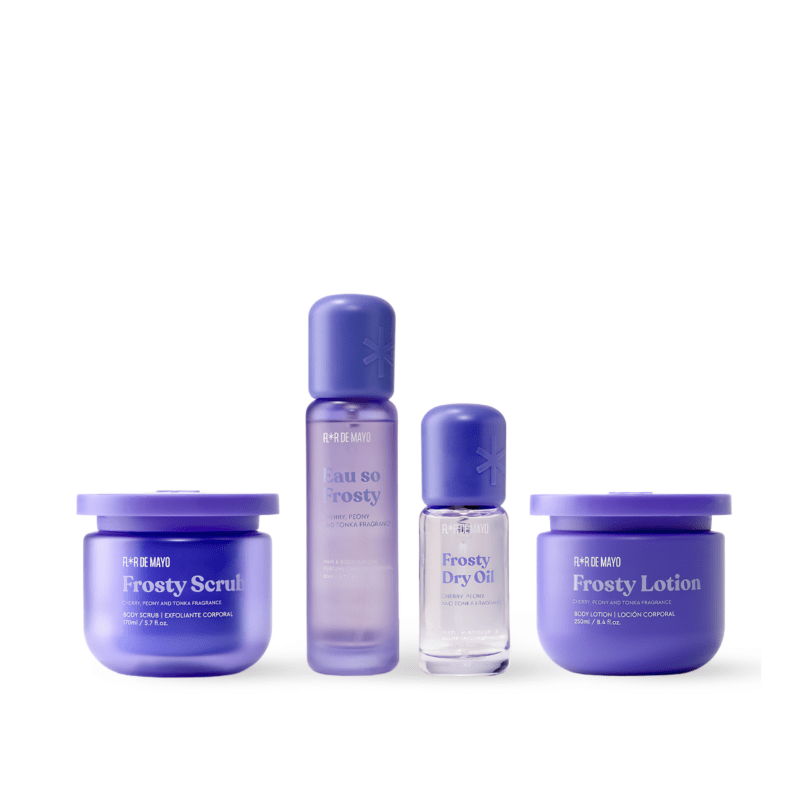 set frosty completo con exfoliante locion aceite seco y perfume corporal para rutina de cuidado corporal