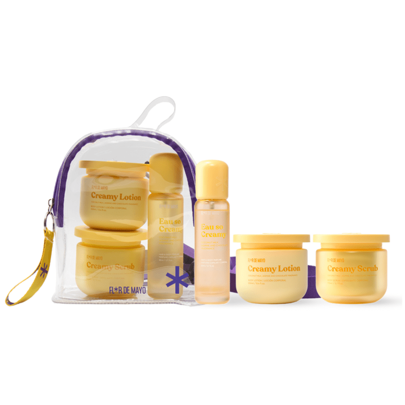 pack Flor de Mayo Creamy con loción corporal exfoliante y perfume corporal en neceser