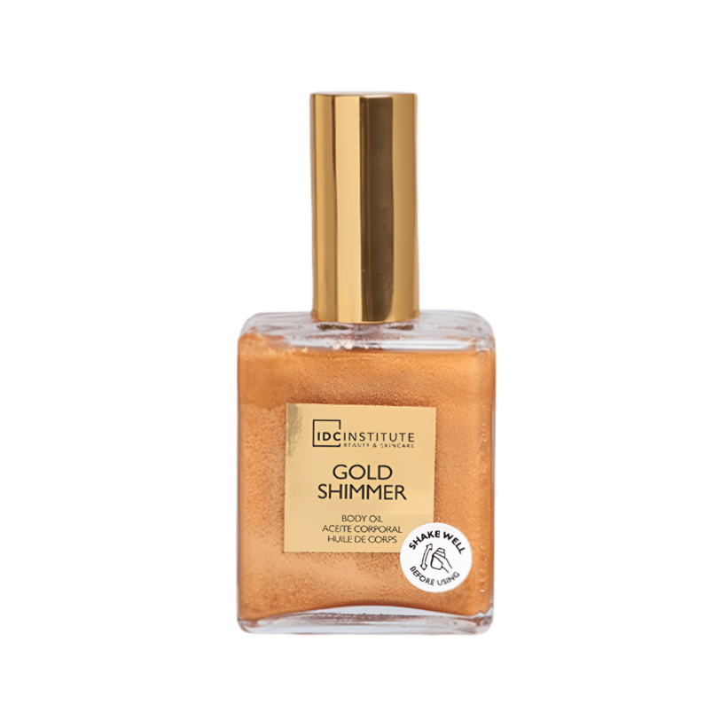 Aceite corporal Gold Shimmer con partículas iluminadoras en envase transparente