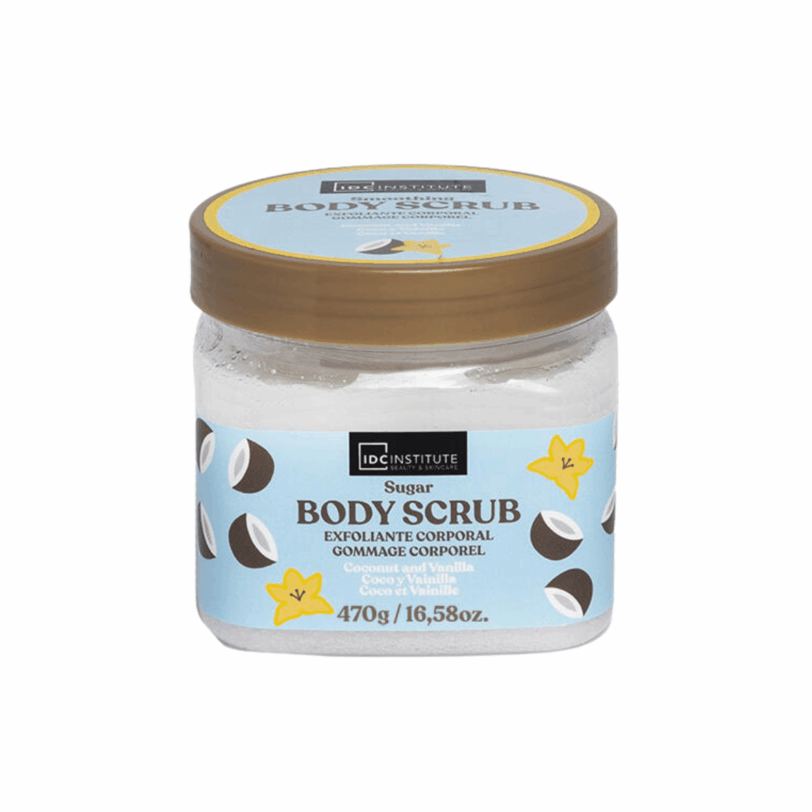 exfoliante corporal idc institute coco y vainilla con azucar textura suave elimina impurezas y nutre la piel
