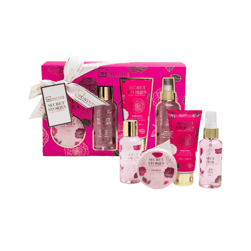 set regalo idc institute secret stories con caja incluye gel ducha locion corporal bruma y bomba de baño aroma rosa y peonia
