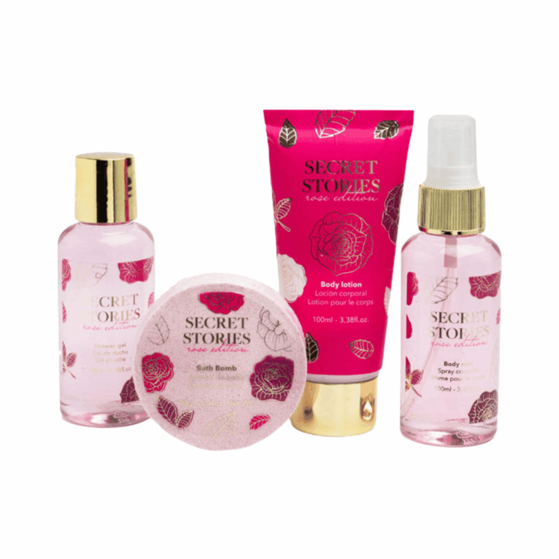 productos del set secret stories idc institute gel ducha locion corporal bruma y bomba de baño aroma floral