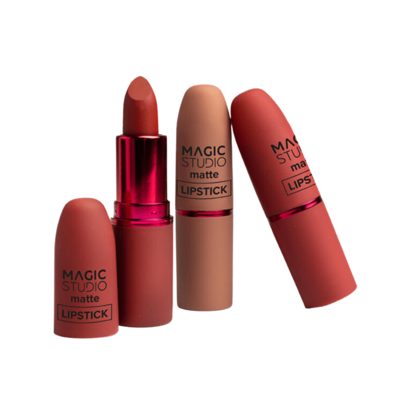 labiales mate magic studio tonos 01 02 03 nude coral rojo alta pigmentacion larga duracion