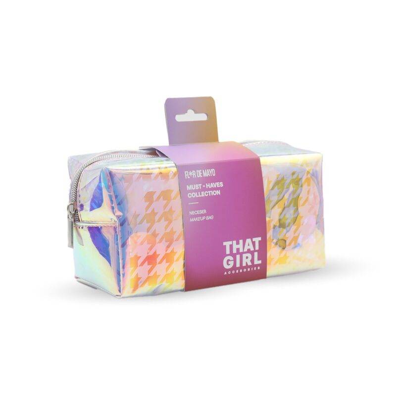 Neceser maquillaje efecto iridiscente Flor de Mayo That Girl con diseño holográfico y cierre cremallera