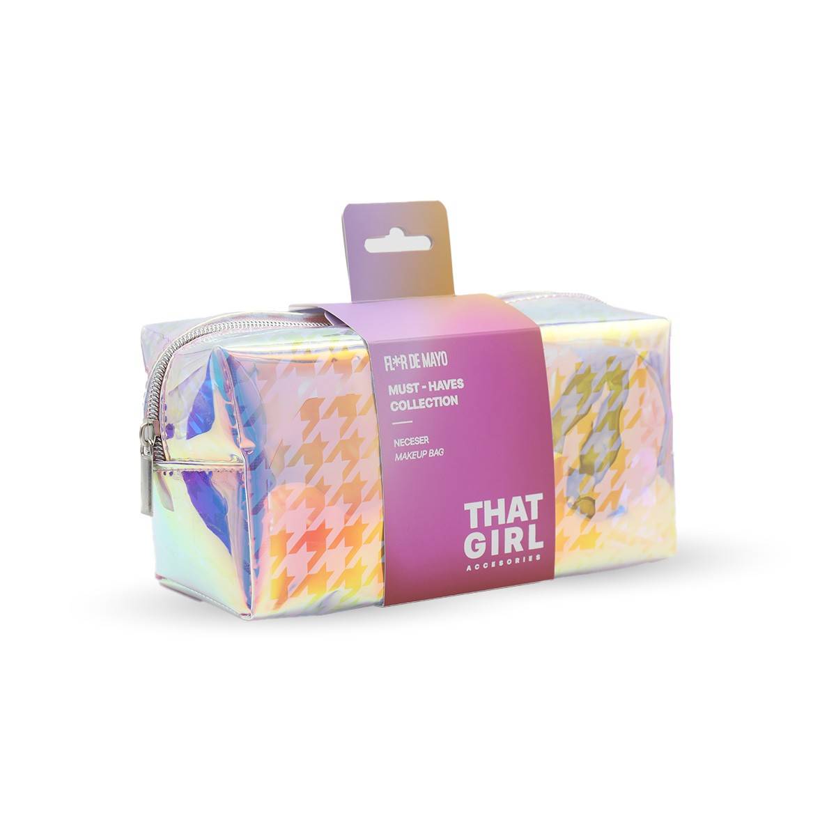 Neceser maquillaje efecto iridiscente Flor de Mayo That Girl con diseño holográfico y cierre cremallera