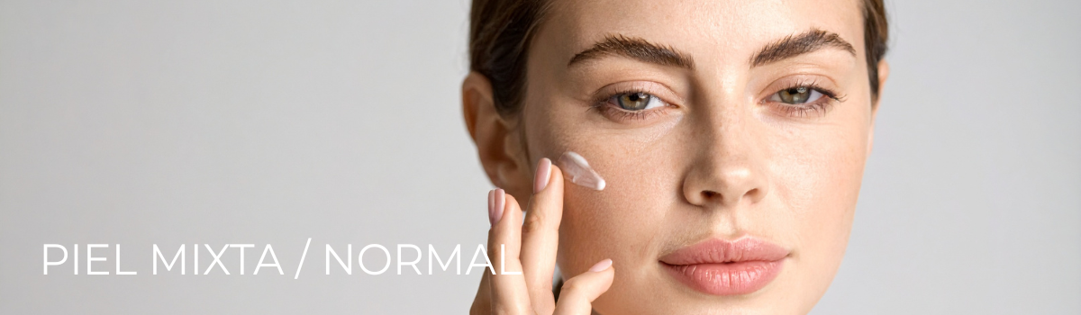 modelo aplicando tratamiento facial en piel mixta y normal con aspecto saludable y luminoso