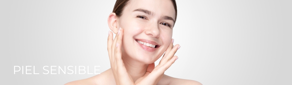 mujer con piel sensible y luminosa en banner de cuidado facial para piel reactiva y delicada