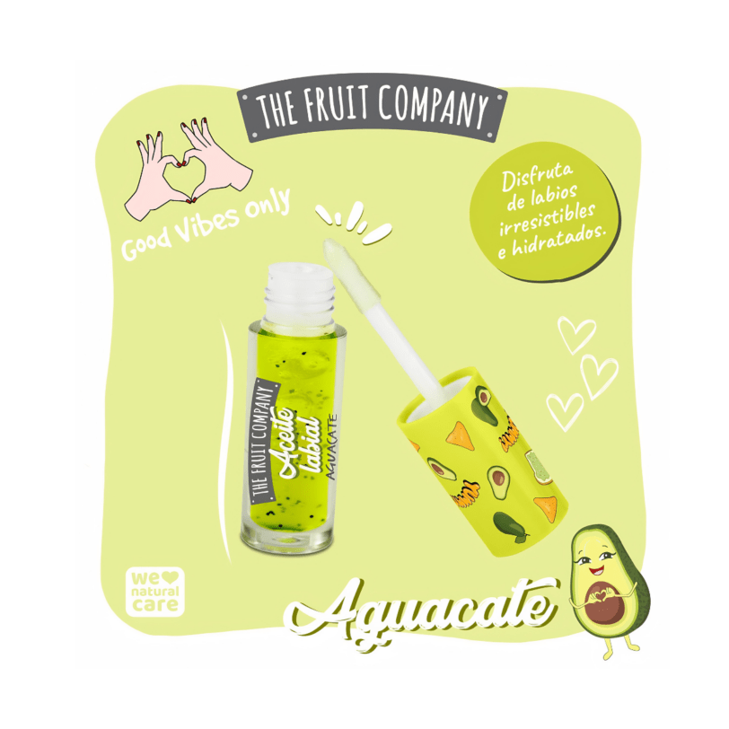 Aceite labial Aguacate de The Fruit Company con aplicador, textura ligera y acabado brillante para hidratar y suavizar los labios.