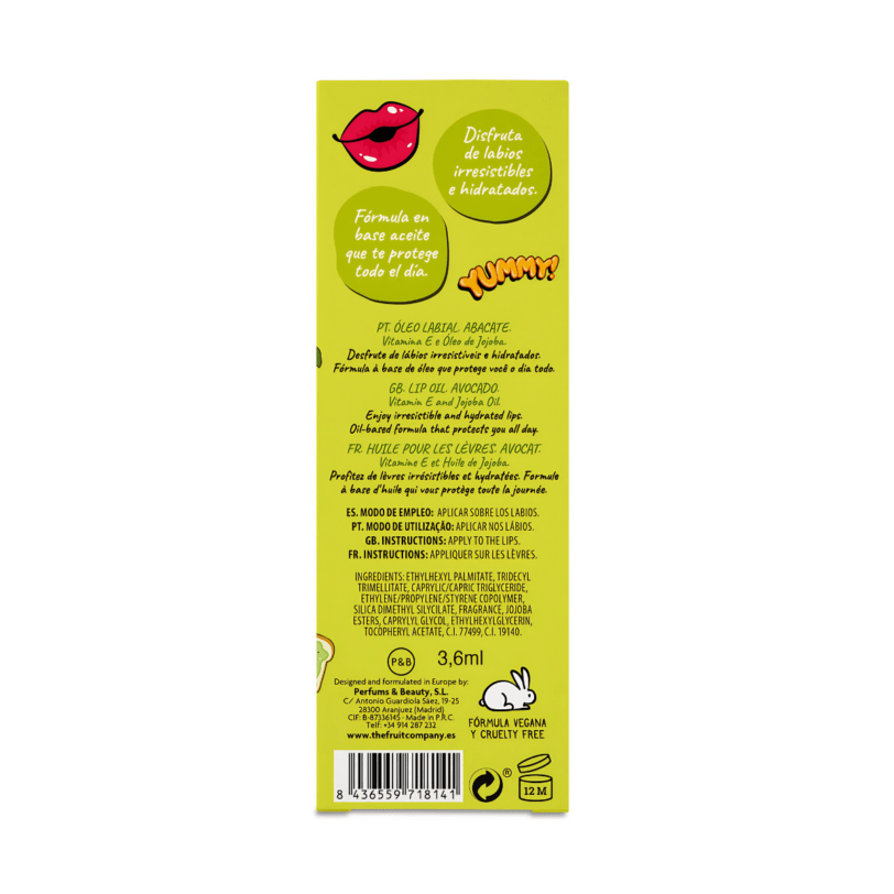 Parte trasera del Aceite Labial Aguacate The Fruit Company con información del producto, fórmula vegana, cruelty free y contenido de 3,6 ml.