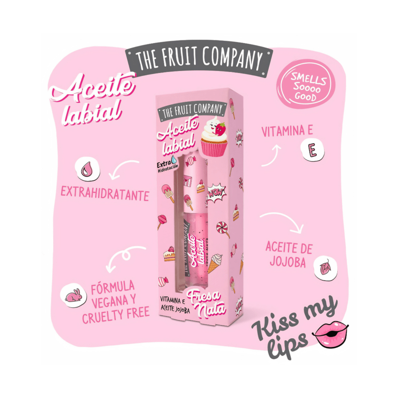 Aceite labial Fresa Nata de The Fruit Company extra hidratante con vitamina E, aceite de jojoba y fórmula vegana cruelty free.