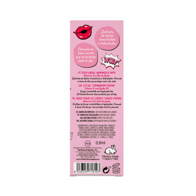 Parte trasera del Aceite Labial Fresa Nata The Fruit Company con fórmula vegana, cruelty free, vitamina E y aceite de jojoba.