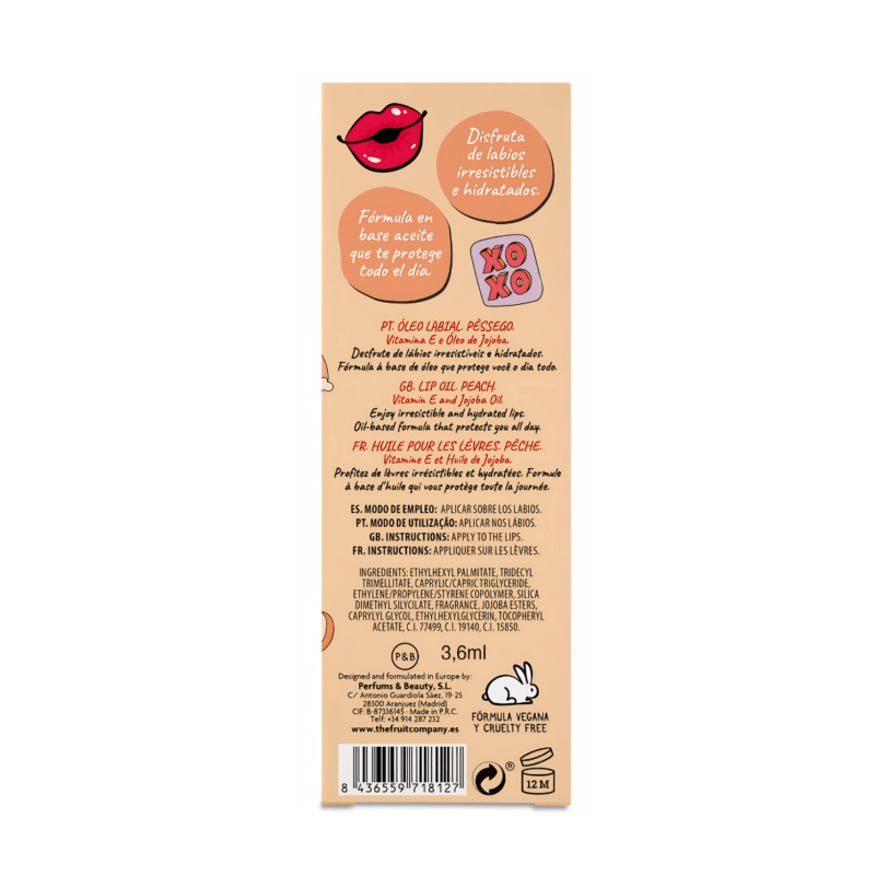 ingredientes aceite labial melocoton hidratante vegano con jojoba y vitamina E
