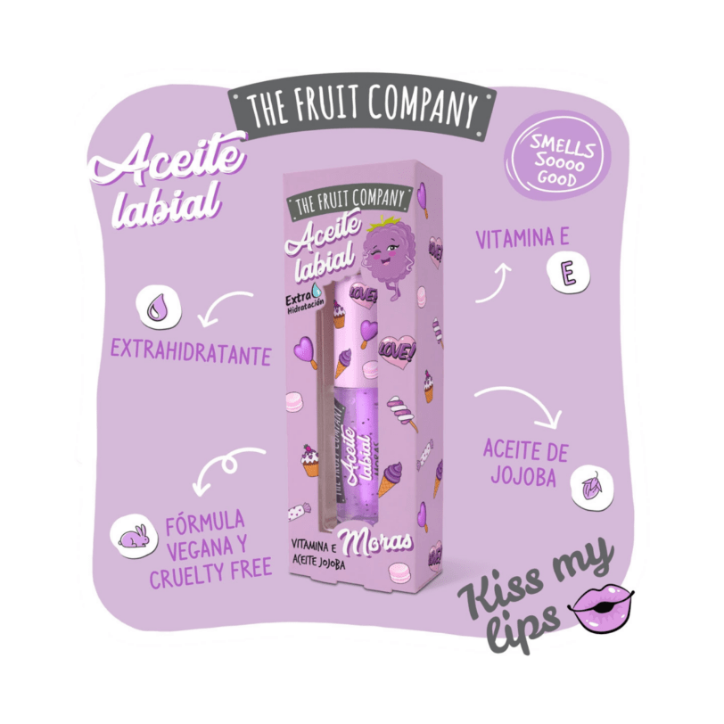 Aceite labial Moras de The Fruit Company con vitamina E y aceite de jojoba, extra hidratante y con fórmula vegana cruelty free.