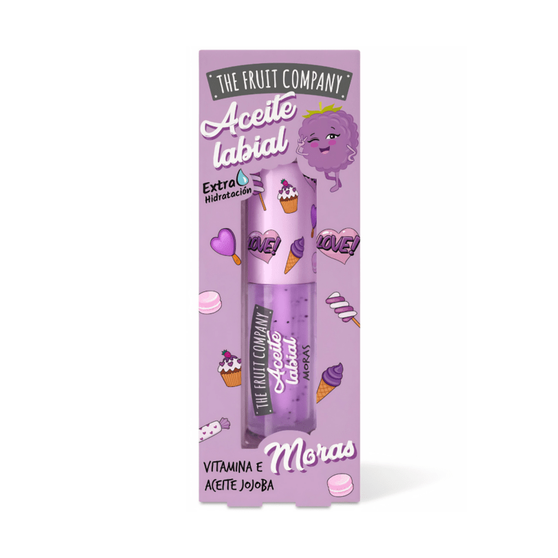 Aceite Labial Moras The Fruit Company en caja frontal Aceite labial Moras The Fruit Company en formato 3,6 ml con vitamina E, aceite de jojoba y efecto extra hidratante.