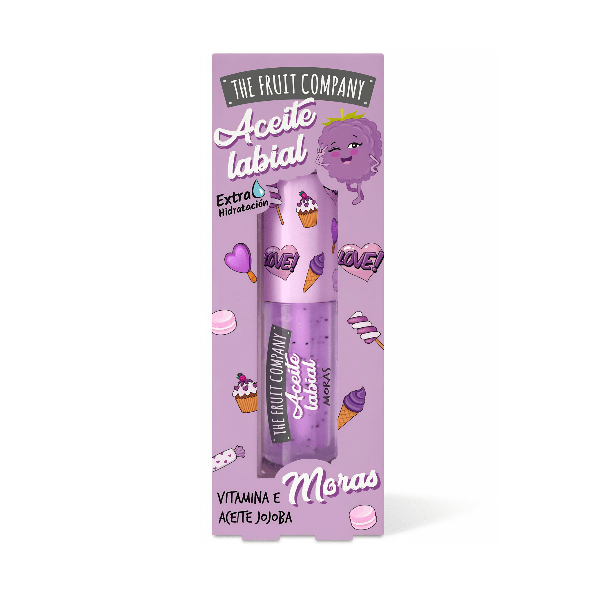 Aceite labial Moras The Fruit Company en formato 3,6 ml con vitamina E, aceite de jojoba y efecto extra hidratante.