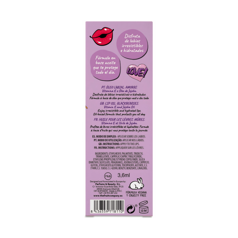 Parte trasera del Aceite Labial Moras The Fruit Company con información del producto, fórmula vegana, cruelty free y contenido de 3,6 ml.