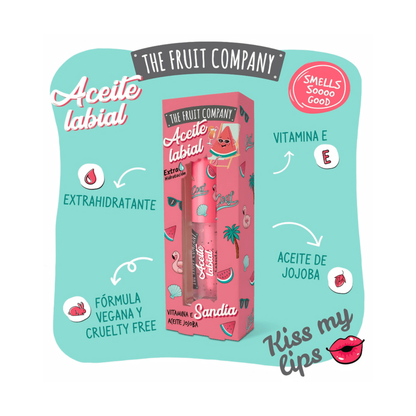 Aceite labial Sandía The Fruit Company presentado con su caja, destacando su efecto extra hidratante, vitamina E y aceite de jojoba.