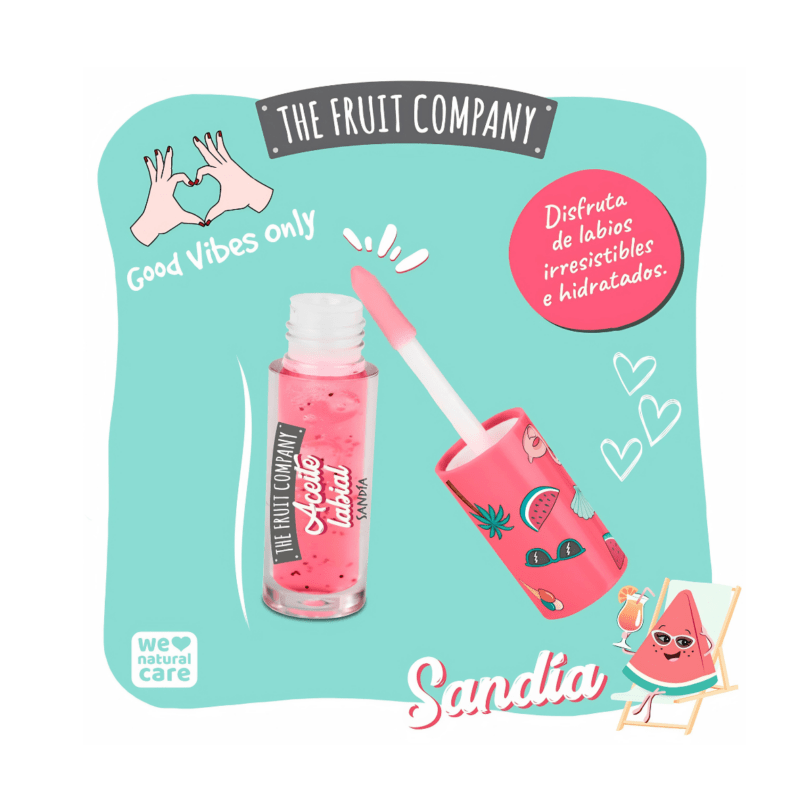 Aceite labial Sandía de The Fruit Company con aplicador, textura brillante y acabado hidratante para labios suaves y jugosos.
