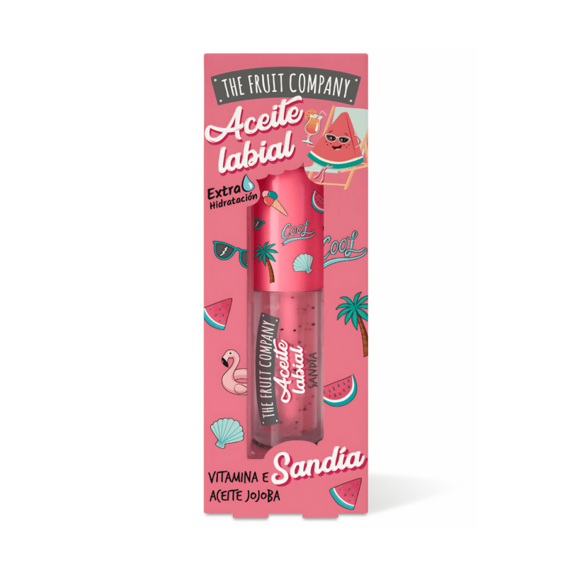 Aceite labial Sandía de The Fruit Company con vitamina E y aceite de jojoba, extra hidratante y con fórmula vegana cruelty free.