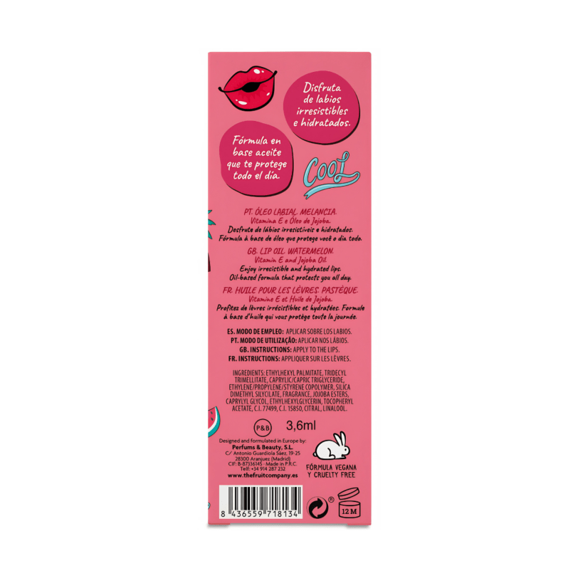 Parte trasera del Aceite Labial Sandía de The Fruit Company con información del producto, fórmula vegana y contenido de 3,6 ml.