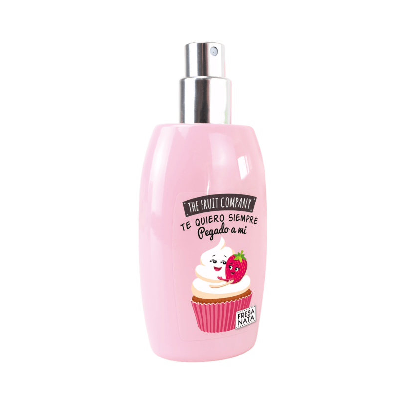 perfume corporal fresa nata The Fruit Company con pulverizador abierto y acabado rosa pastel