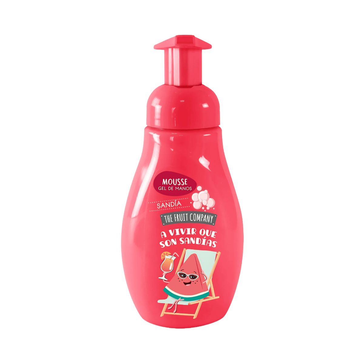 mousse gel de manos aroma sandía The Fruit Company con textura espumosa y envase rosa divertido